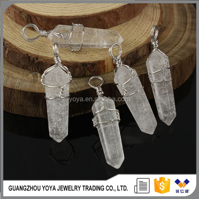 JF6915 Large Silver Wire wrapped Natural Clear Quartz Point Pendants,Natural Crystal Gemstone Pendant Charm