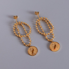 ES1108 New Non Tarnish Trendy Gold Plated Stainless Steel Double Layer Ball Chain Coin Drop Charm Stud Earrings