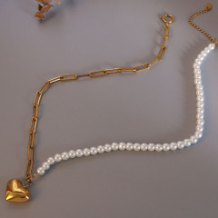 NS1210 Chic Non Tarnish 18k Gold Plated Surgical Titanium Stainless Steel Paper Clip Chain Pearl  Necklace with Heart Pendant