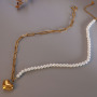 NS1210 Chic Non Tarnish 18k Gold Plated Surgical Titanium Stainless Steel Paper Clip Chain Pearl  Necklace with Heart Pendant