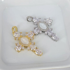 Fashion 18k Gold Plated CZ MOP White Shell Blessed Mother Virgin Mary Saint Halo Cross Pendants Religious Jewelry Supplies
