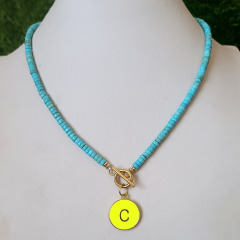NN1139 Fashion Natural Turquoise Stone Heishi Beaded Toggle Clasp Enamel Letter Initial Choker Necklace