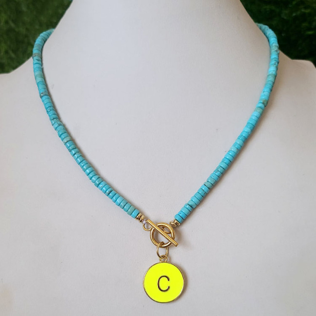 NN1139 Fashion Natural Turquoise Stone Heishi Beaded Toggle Clasp Enamel Letter Initial Choker Necklace