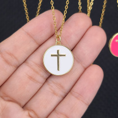 NM1206 18k Gold Plated Rainbow Enamel Multicolor Cross On Disc Round Pendant Stainless Steel Chain Necklace