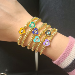 BM1070 4MM Gold Beads and Enamel Multi Colored Heart Shaped Evil Eyes Beads Elastic Bracelet for Ladies Women