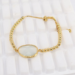 BN4017 Chic Women's Faceted Cat's Eye Gemstone Gold Bezel Wrapped Charm Bracelet with Small 4mm Gold Beads Adjustable Chain