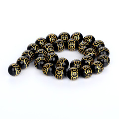 AB0683 Gold Engraved and Painted Ancient Chinese Coin Black Onyx Agate Beads