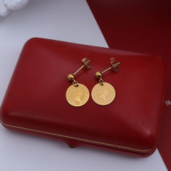 ES1095 High Quality Non Tarnish Gold Plated Stainless Steel Coin Drop Charm Stud Earrings