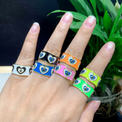RA1048 High Quality New 18k Gold Plated Chunky Colorful Enamel Rainbow Heart Evil Eye Thick Band Open Rings
