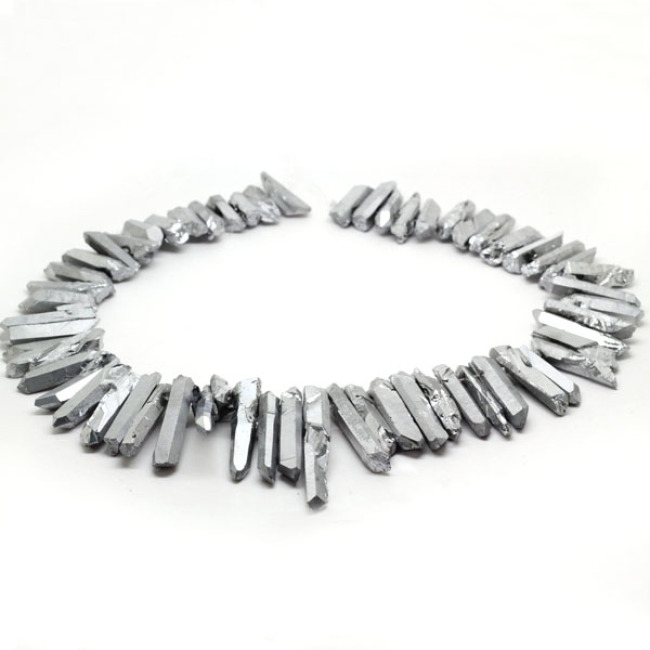 Natural Raw Rough Rock Crystal Quartz Crystal Points for Jewelry Making, Silver Coated Crystal Top Drilled Spike Stone Beads