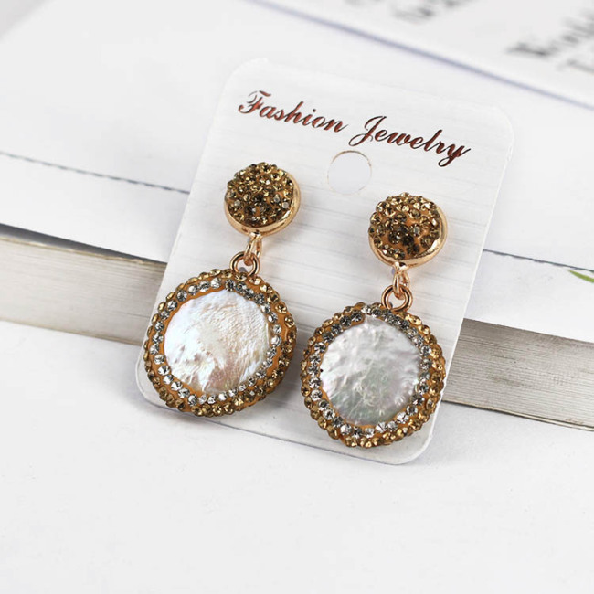 ER1022 Crystal Rhinestone Pave Coin Freshwater Pearl Earrings for Girls,Ladies
