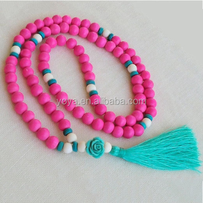 NE2096 Chunky wooden beads tassel necklace,hot pink beads and turquoise tassel necklace