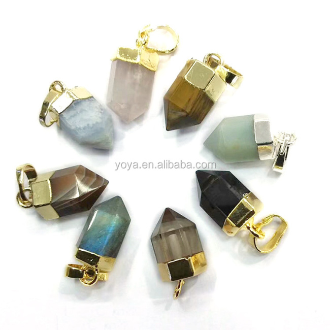 JF7205 2018 Dainty mini gold plated faceted natural quartz gemstone hexagonal spike pendant