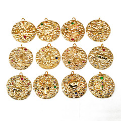 CZ8263 Star Constell Rainbow Gold Plated CZ Micro Pave Horoscope Zodiac Sign Round Coin Disc Pendant for Necklace