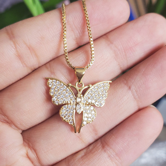 NZ1200 Trendy charm butterfly pendant women necklace ,fashion shiny cubic zircon charm box chain ladies necklace