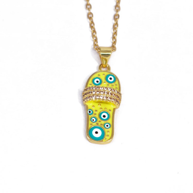 NZ1300  Fashion Small Cute 18k Gold Enamel Evil Eyes Flip Flop Slipper Pendant Stainless Steel Chain Necklace for Women