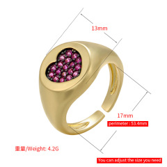 RM1236 Brass Metal Rainbow CZ diamond micro pave heart adjustable cuff Rings