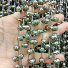 PB1156 Natural Pyrite Gemstone Faceted Onion Teardrop Drop Beads