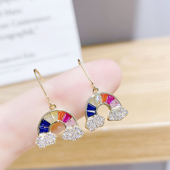 EC1740 Small Womens 18k Gold Plated CZ Micro Paved Rhinestone Rainbow Dangle Charm Stud Earrings for Women Girls