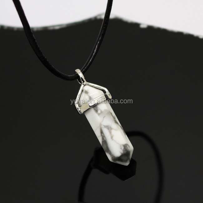 NE2318 Black leather cord chain choker with hexagonal crystal pendant,gemstone point pendant necklace