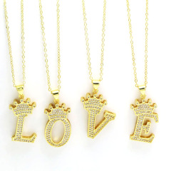 NZ1241 Bling Jewelry Gold Cubic Zirconia Diamond Crown Alphabet Letter Charm Pendant Chain Necklaces Initial jewelry for Women