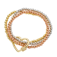 BC1279 Gold Plated CZ Carabiner Rose Gold Silver 3 Stack Set Beaded Ball Bracelet Stack Joined by Gold CZ Carabiner Clasp