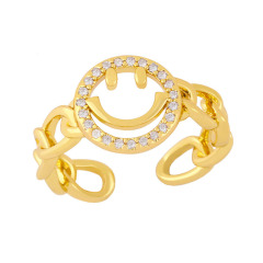 RM1304 New 18K Gold Plated Crystal CZ Micro Pave Smile Happy Face Smiley Emoji Open Cuban Chain Band Rings For Women Ladies