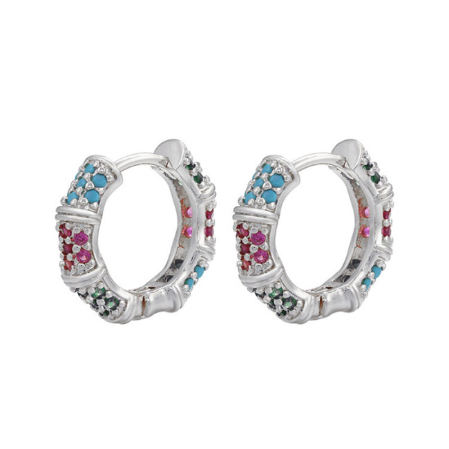 EC1776 2022 Womans Fashion 18K Gold Plated Rainbow CZ Micro Pave Bamboo Joint Hoops Earrings