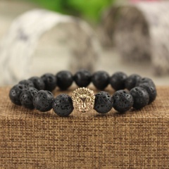 BRS1503 natural lava stone bead stretch bracelet,stainless steel lion head mens bracelet