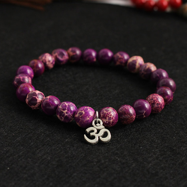 BRT0981 Natural Purple Imperial Jasper Beaded Bracelet with OM Charm,Yoga Ohm Mantra Bracelets
