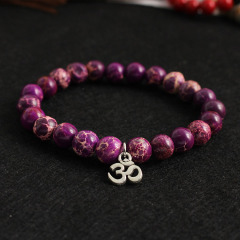 BRT0981 Natural Purple Imperial Jasper Beaded Bracelet with OM Charm,Yoga Ohm Mantra Bracelets BRT0981 Natural Purple Imperial Jasper Beaded Bracelet with OM Charm,Yoga Ohm Mantra Bracelets