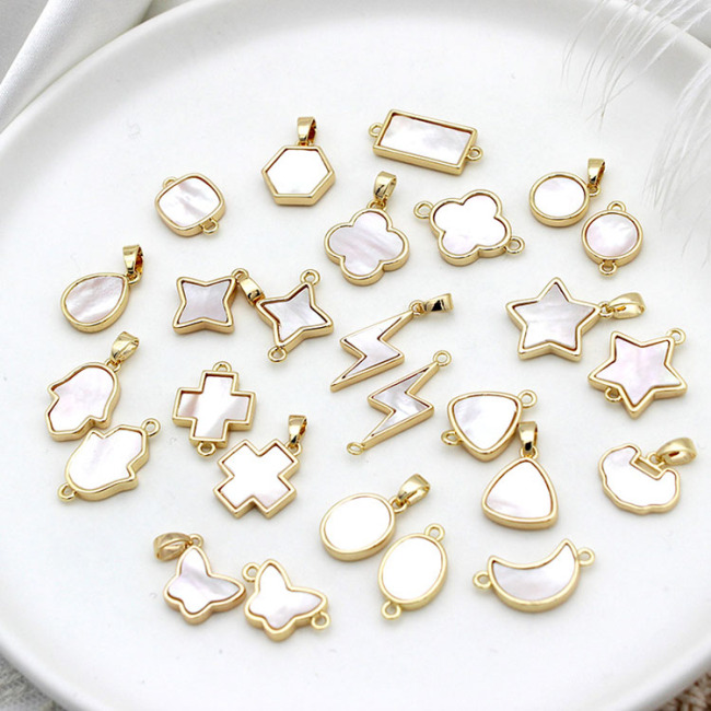 JF7335 Dainty White Shell Round Oval Teardrop Square Pendants,Tiny Gold Bezel Shell Star Butterfly Moon Lightning Charm Pendant