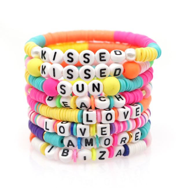 BP1017 Colorful Polymer Clay Beads Letter Charms Bracelet,Love Kissed Sun Beach Words Heishi Beads Bracelet