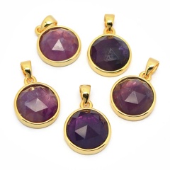JF7284 New Dainty Faceted Natural Semiprecious Stone Round Pendants,Gold Bezel Faceted Gem Coin Pendant