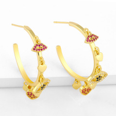 EC1727 2021 Womans Fashion Gold Plated Clear CZ Micro Pave Evil Eyes Heart Dangle Charm Hoop Earrings