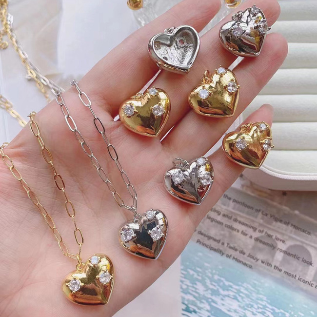 NZ1312 New Dainty Chic Gold CZ Diamond Micro Pave Heart Pendant Paper Clip Chain Necklace for Women Ladies