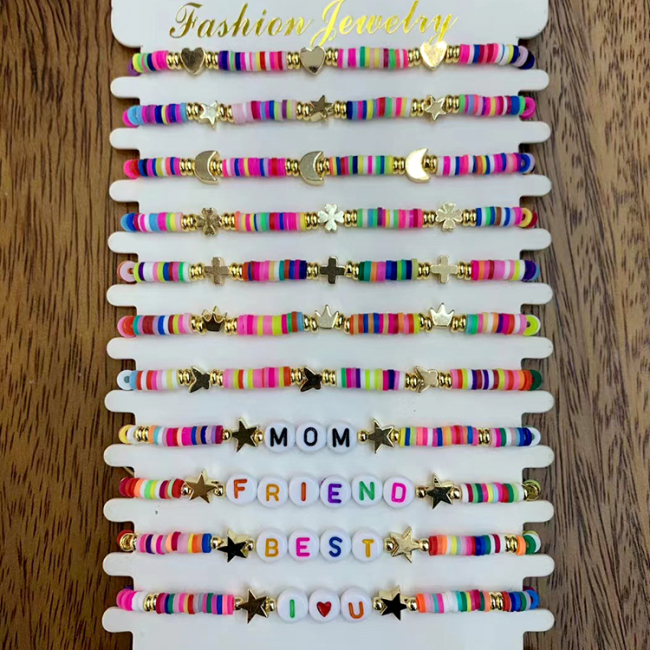 BP1015 Colorful Rainbow Polymer Disc Heishi Beaded Small Gold Star Heart Moon Beads Words Letters Inspirational Stack Bracelet