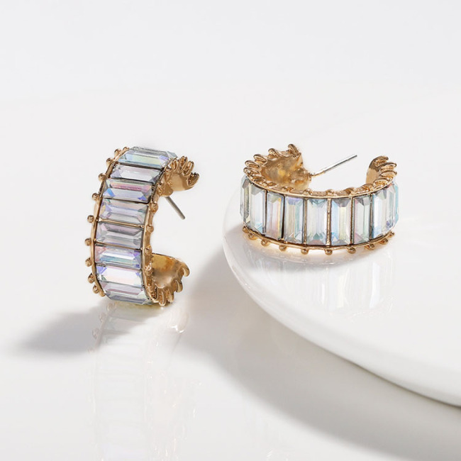 EM1091 Fashion Rainbow Crystal Huggie Hoop Earrings for Women Girls