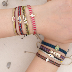 BC3001 Chic Retro Bohemian Rainbow handmade Embroidery friendship bracelets with CZ Micro Pave Eye Cactus Words Charm