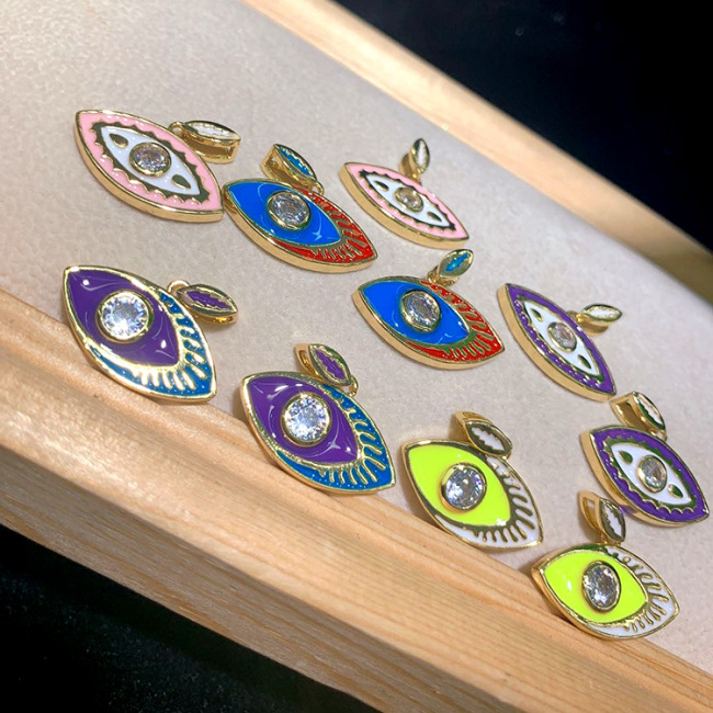 CZ8434 NewJewelry Supplies Rainbow Colored Enamel 18k Gold CZ Pave Evil Eye Charm Pendants