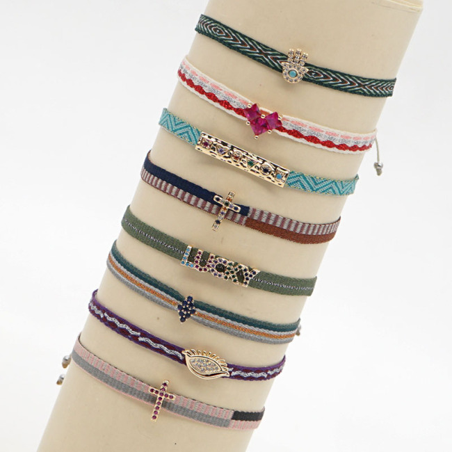 BC3002 Dainty Bohemian colorful handmade Embroidery friendship bracelets with CZ Micro Pave Eye Cross heart Charm