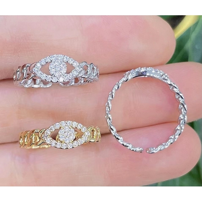 RM1298 Trendy 18k Gold Silver Plated Micro Pave CZ Evil Eye Hamsa Hand Open Rings with Curb Cuban Link Chain Band