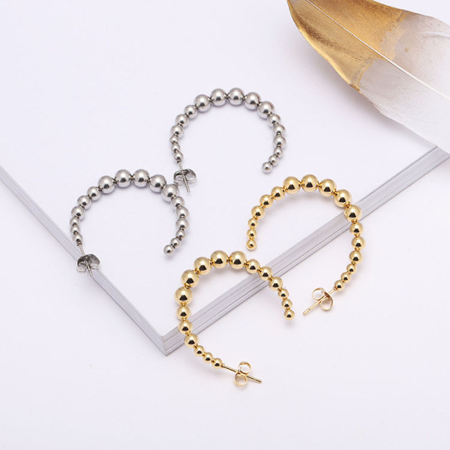 ES1095 High Quality Non Tarnish Gold Plated Stainless Steel Beaded C shape Hoops Earrings