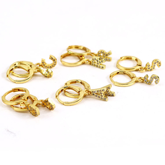 EC1619 Mini Gold Plated Cubic Zirconia CZ Micro Pave Initial Letter Huggie Earring, Diamond Letter Alphabet Huggies