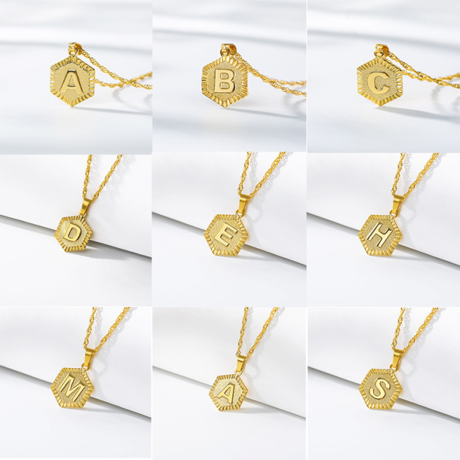 NS1077 Gold Plated Stainless Steel Hexagonal Capital Letter Initial Medal Pendant Chain Necklace