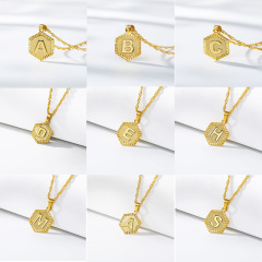 NS1077 Gold Plated Stainless Steel Hexagonal Capital Letter Initial Medal Pendant Chain Necklace