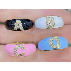 RM1258 Pink Blue Black White Rainbow Enamel Letter Ring , Cubic Zirconia CZ Initial Ring , Gold Personalized Thick Band Rings
