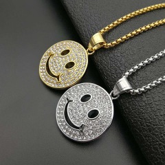 NS1162 High Quality Men's Crystal Gold Plated Stainless Titanium Steel Smiley Happy Face Pendant Chain Necklace Jewelry for Men