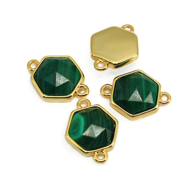 JF8710 Dainty Gold Plated Faceted Natural Labradorite Semiprecious Stone Gemstone Hexagonal Bezel Two Ring Connector