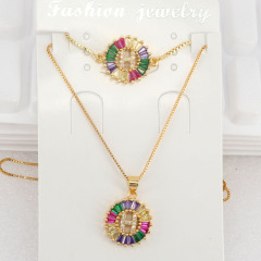 S11048 Bling Jewelry Rainbow Cubic Zirconia Alphabet Letter Pendant Necklaces and Bracelet A-Z Initial jewelry sets for Women